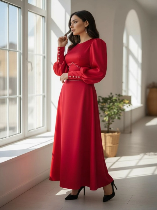 Ayollar uchun uzun atlas ko‘ylak – bayramona, beli bog‘lamali, uzun yengli, elegant libos