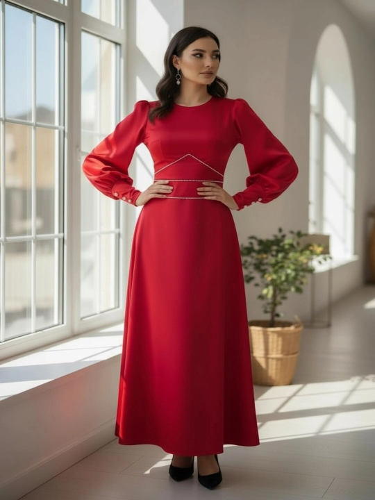 Ayollar uchun uzun atlas ko‘ylak – bayramona, beli bog‘lamali, uzun yengli, elegant libos