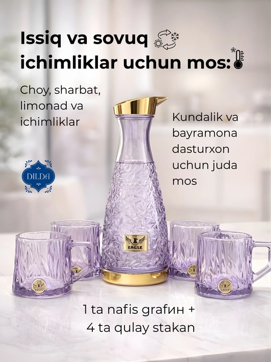 To‘plam Grafin va stakan, 5 dona va 3 dona, shisha, silikon qopqoqli sovg'a uchun to'plam