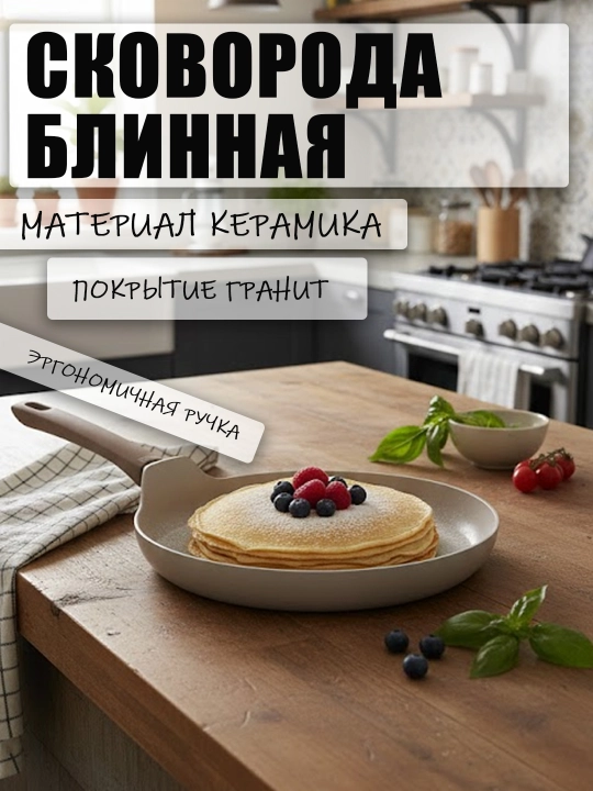 Сковорода для блинов, Керамическое покрытие, Антипригарная, Soft Touch ручка - 