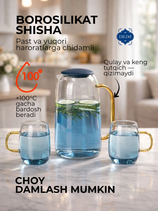 To‘plam Grafin va stakan, 5 dona va 3 dona, shisha, silikon qopqoqli sovg'a uchun to'plam