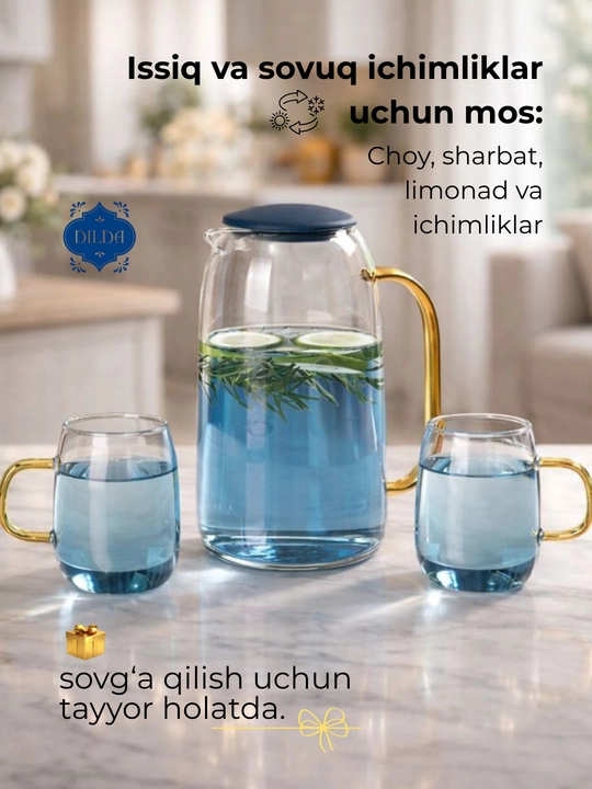 To‘plam Grafin va stakan, 5 dona va 3 dona, shisha, silikon qopqoqli sovg'a uchun to'plam