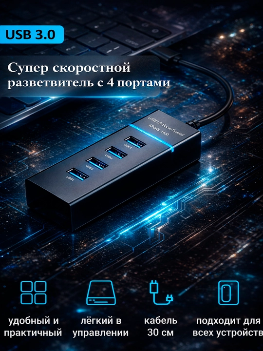 USB HUB 3.0 uyasi, 1x USB 3.0 va 3x USB 2.0 uchun hub 20 sm - 