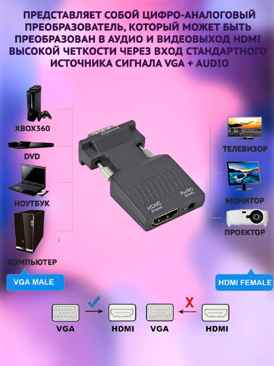 VGA-HDMI adapteri monitor, kompyuter, proyektor uchun adapter