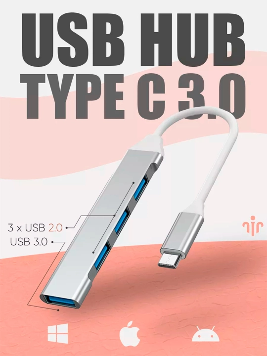 USB hub, 4 USB portli , Type-C, adapter HUB USB 3.0 mackbook va PC Smartfon uchun - 