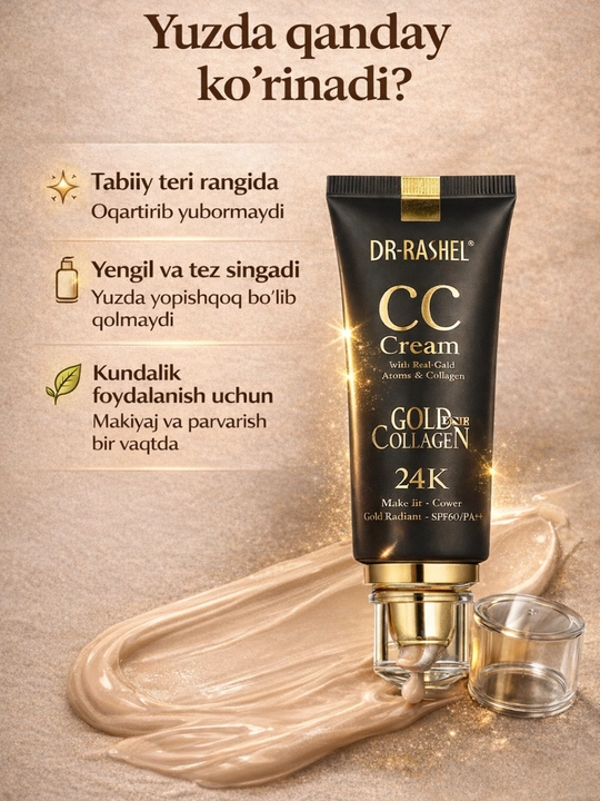 Yuz uchun tonal krem, CC 24K gold kollagen SPF60/PA++, namlantiruvchi CC krem, Dr.Rashel