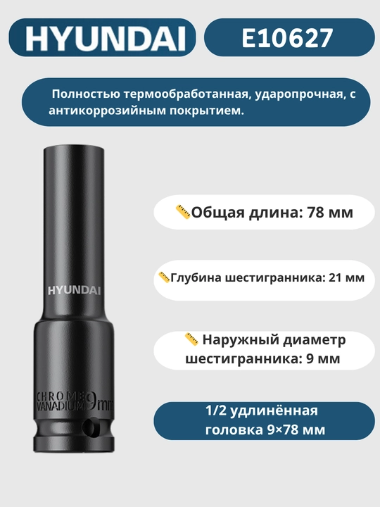 Удлинённая головка 8/9/10/11/12/13/14/15/16/17/18/19/20/21/22/23/24/27/30/32×78 мм HYUNDAI - 
