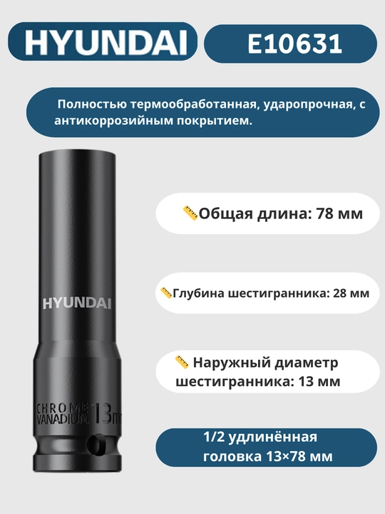 Удлинённая головка 8/9/10/11/12/13/14/15/16/17/18/19/20/21/22/23/24/27/30/32×78 мм HYUNDAI