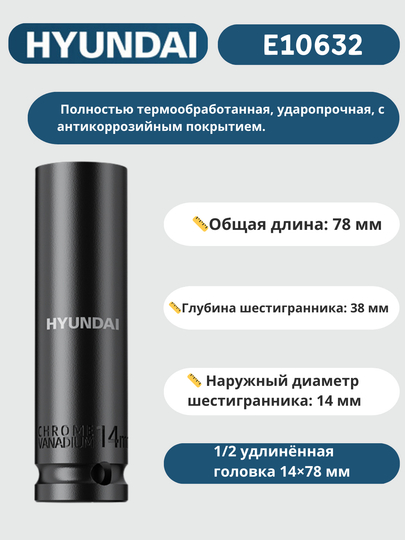 Удлинённая головка 8/9/10/11/12/13/14/15/16/17/18/19/20/21/22/23/24/27/30/32×78 мм HYUNDAI