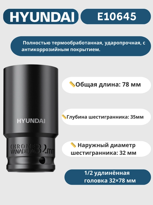 Удлинённая головка 8/9/10/11/12/13/14/15/16/17/18/19/20/21/22/23/24/27/30/32×78 мм HYUNDAI