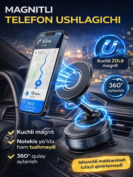 MagSafe mos avtomobil uchun magnitli telefon ushlagichi, so‘rg‘ichli - 