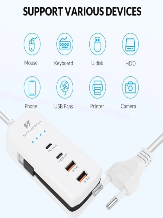 2 портами PD + 2 портами USB/многопортовой быстрой зарядкой мощностью 60 Вт