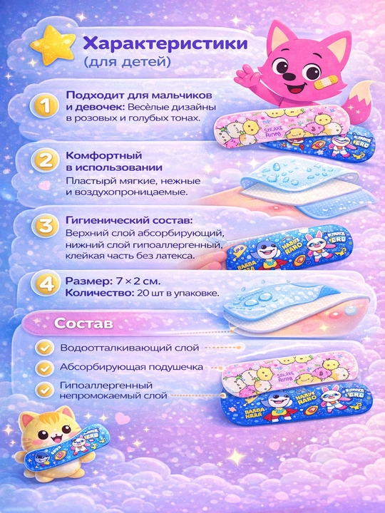 Bolalar uchun rangli gigiyenik plastirlar OWN AID Kids Care, 20 dona