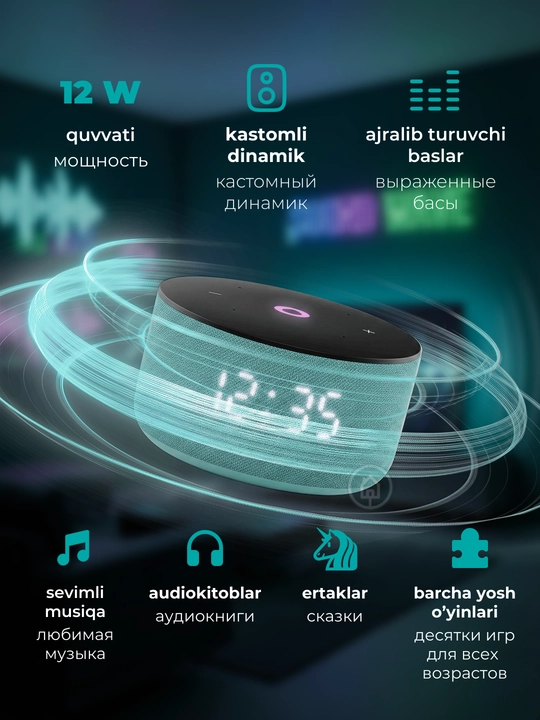 Mikrofonli Yandeks Stansiya Mini 3 va Mini 3 Pro aqlli kolonkasi, soatli Alisa kolonkasi