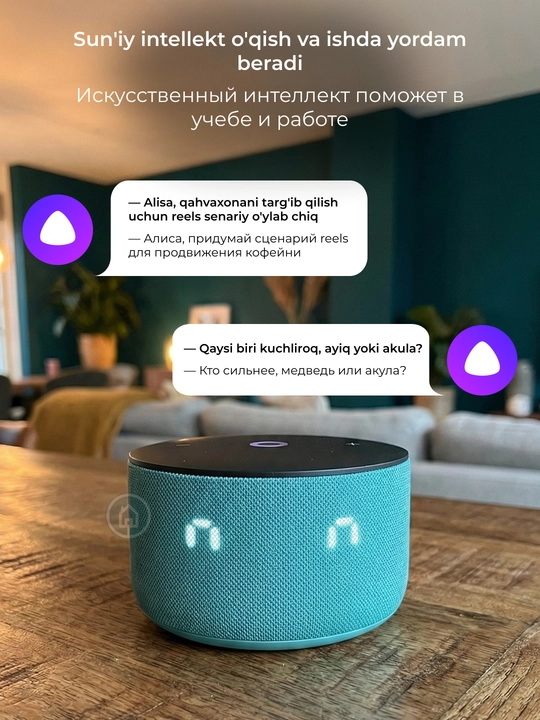 Mikrofonli Yandeks Stansiya Mini 3 va Mini 3 Pro aqlli kolonkasi, soatli Alisa kolonkasi