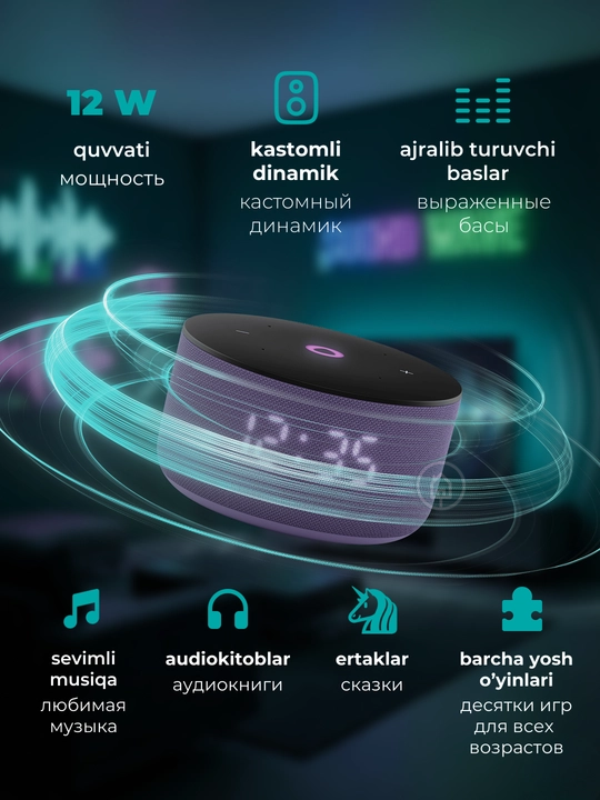 Mikrofonli Yandeks Stansiya Mini 3 va Mini 3 Pro aqlli kolonkasi, soatli Alisa kolonkasi