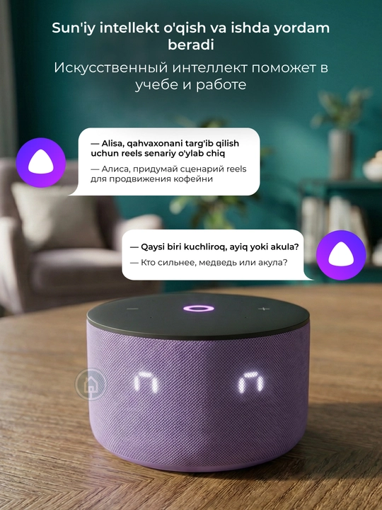 Mikrofonli Yandeks Stansiya Mini 3 va Mini 3 Pro aqlli kolonkasi, soatli Alisa kolonkasi