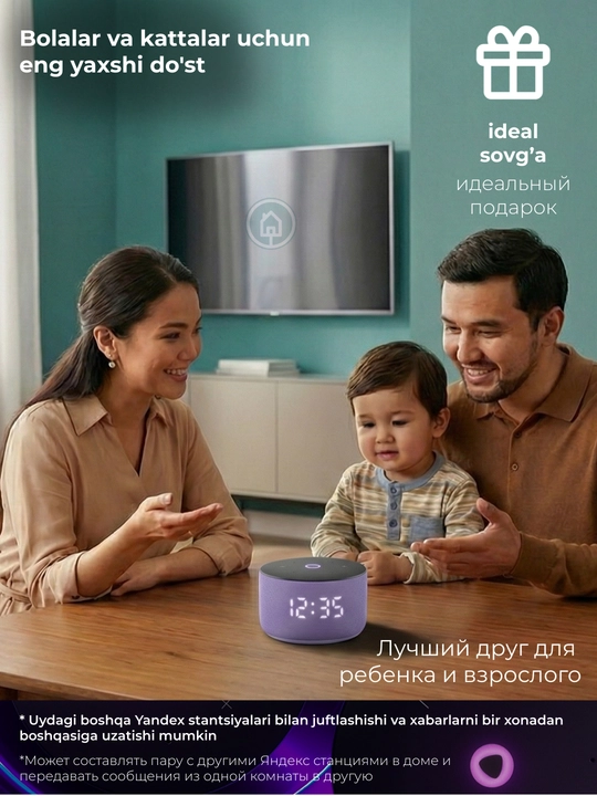 Mikrofonli Yandeks Stansiya Mini 3 va Mini 3 Pro aqlli kolonkasi, soatli Alisa kolonkasi