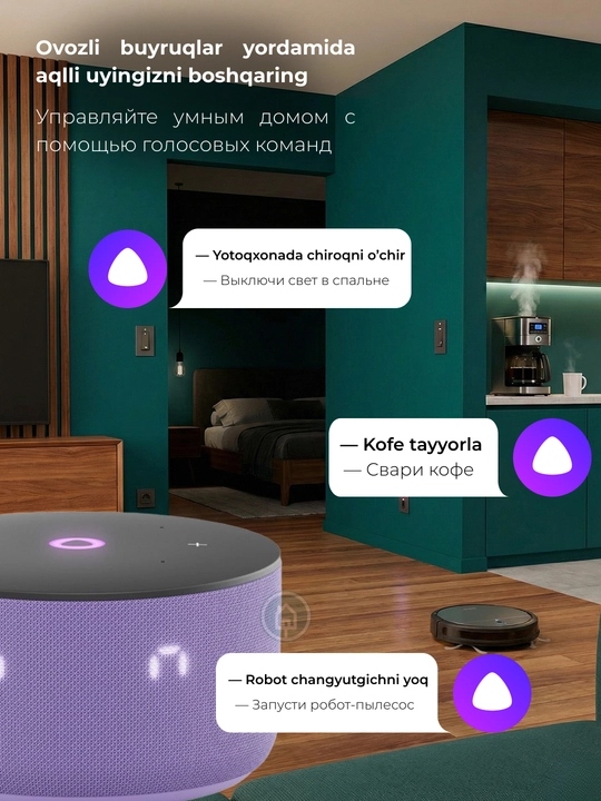 Mikrofonli Yandeks Stansiya Mini 3 va Mini 3 Pro aqlli kolonkasi, soatli Alisa kolonkasi