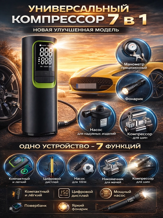 Компрессор автомобильный, беспроводной, насос воздушный - 