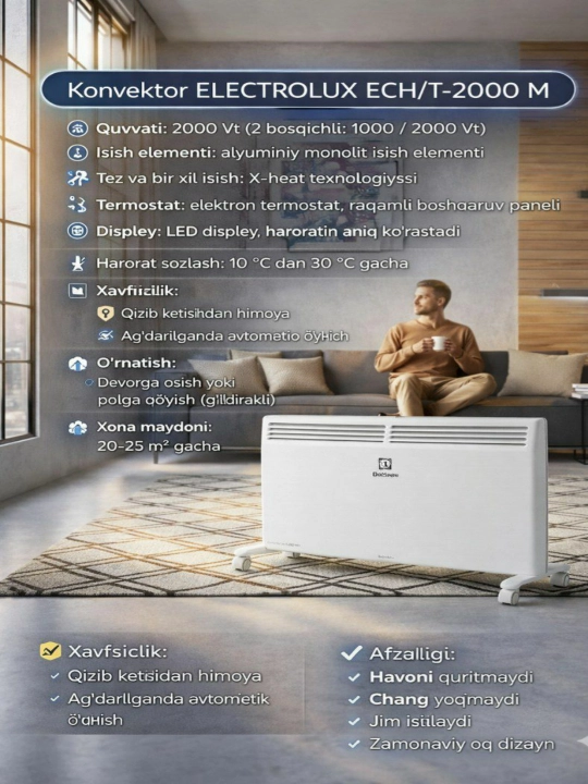 Electrolux ECH/T-2000 M elektr konvektori 2000 W, LED displey, elektron termostat - 