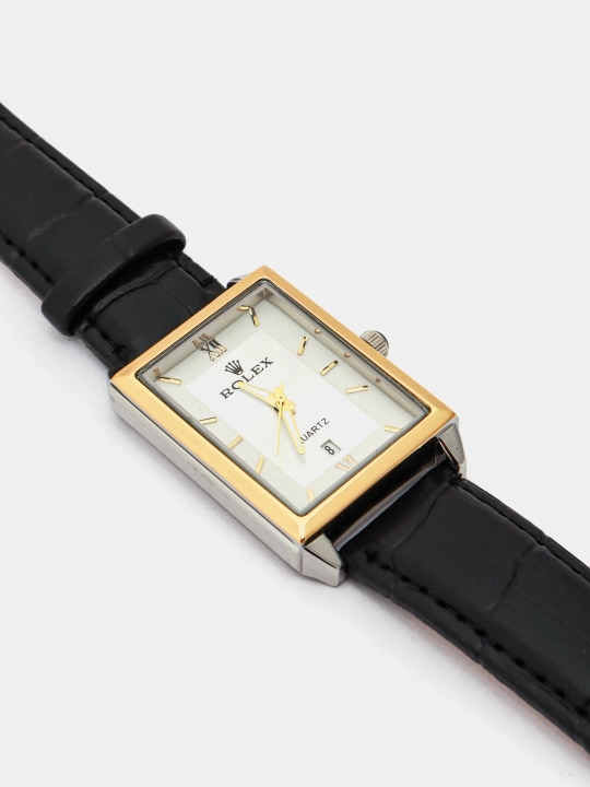 Erkaklar uchun Rolex uslubidagi klassik qo‘l soati—qora charm tasma, zamonaviy aksessuar