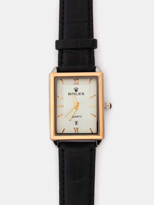 Erkaklar uchun Rolex uslubidagi klassik qo‘l soati—qora charm tasma, zamonaviy aksessuar