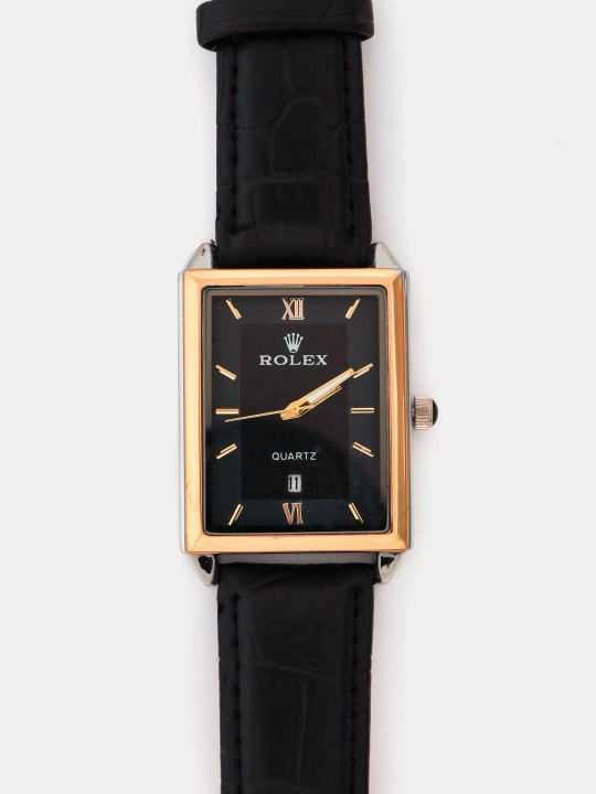 Erkaklar uchun Rolex uslubidagi klassik qo‘l soati—qora charm tasma, zamonaviy aksessuar