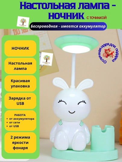 Детский ночник, настольная лампа с милой фигуркой и органайзером 3 в 1 — GROWKID-TLAMP-МЕНТОЛ