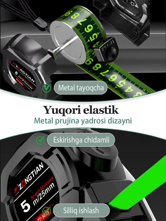 10 metrli ruletka, fluoressent, zarbaga chidamli, yeyilishga bardoshli, zanglamaydi