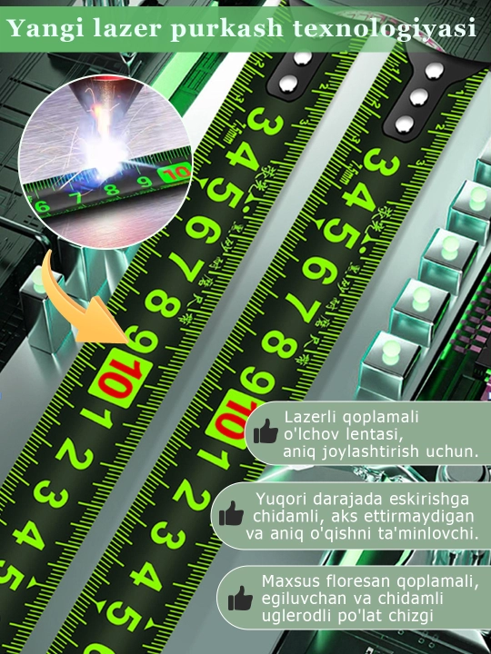 10 metrli ruletka, fluoressent, zarbaga chidamli, yeyilishga bardoshli, zanglamaydi