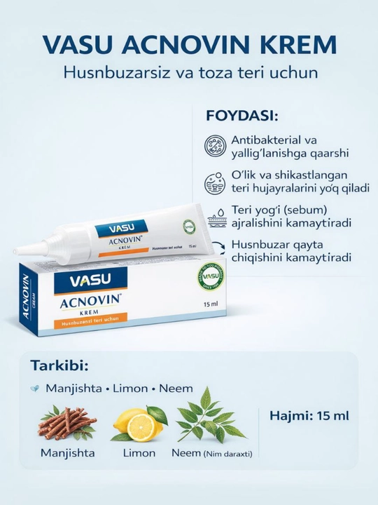 Xusun buzarga qarshi Acnovin kremi, Vasu Acnovin Cream, 15 gr