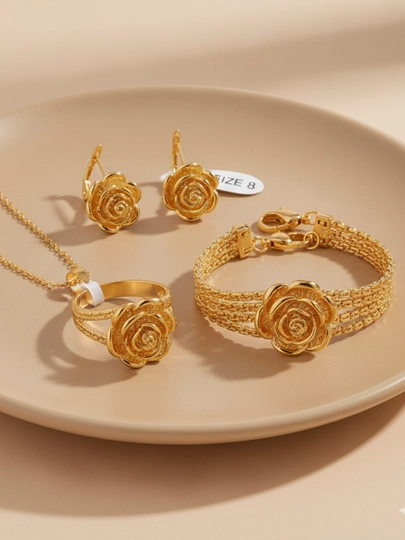 Комплект украшений в стиле Vancleef, Messika, Bvlgari, серьги, кольцо, браслет, цепочка — XULUX-KLEVER-АЛЫЙ