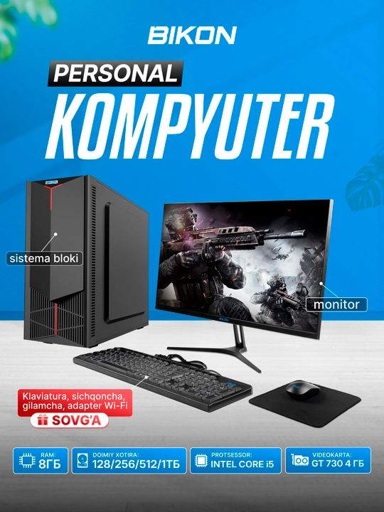Shaxsiy kompyuter, Intel Core i5 3.40 GHz, GT730 4GB, SSD 128-1000 Gb, Monitor 19-32 - 