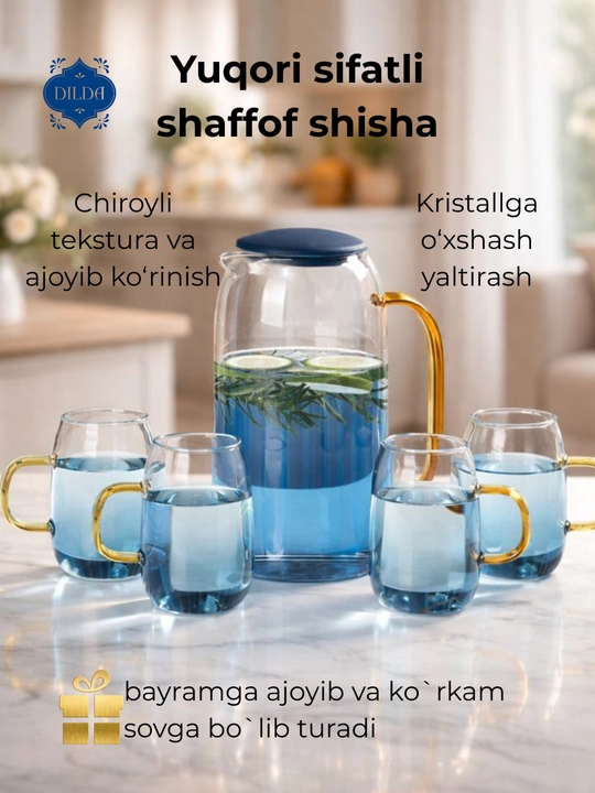 Grafin va stakanlar sovg‘a to‘plami – 5 va 3 dona, shisha, silikon qopqoqli, ayollar uchun