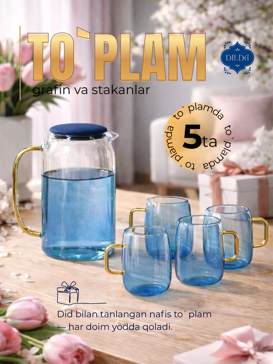 Grafin va stakanlar sovg‘a to‘plami – 5 va 3 dona, shisha, silikon qopqoqli, ayollar uchun