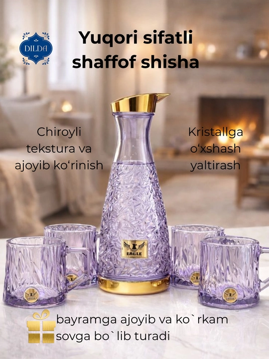 Grafin va stakanlar sovg‘a to‘plami – 5 va 3 dona, shisha, silikon qopqoqli, ayollar uchun