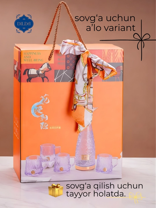 Grafin va stakanlar sovg‘a to‘plami – 5 va 3 dona, shisha, silikon qopqoqli, ayollar uchun