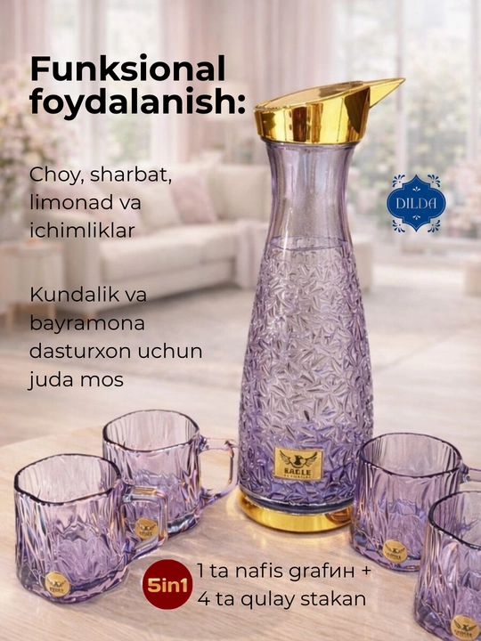 Grafin va stakanlar sovg‘a to‘plami – 5 va 3 dona, shisha, silikon qopqoqli, ayollar uchun