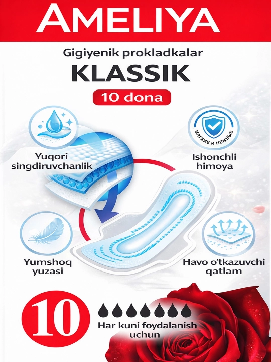 Gigiyenik prokladkalar, klassik, 10 dona