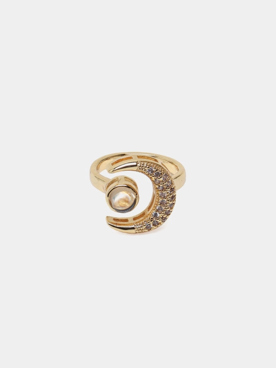 Oy Shaklidagi Ayollar Taqinchoqlar To‘plami – Zanjir va Uzuk, Oltin Rang, Ko‘zli Dizayn