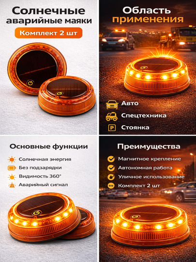 Аварийные стояночные маяки на солнечной батарее, на магните, 2 шт, габаритные LED - 