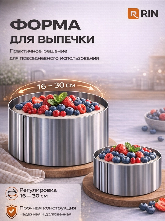Раздвижное кольцо - форма для выпечки, форма круглая, для сборки торта, салата, 16-30 см