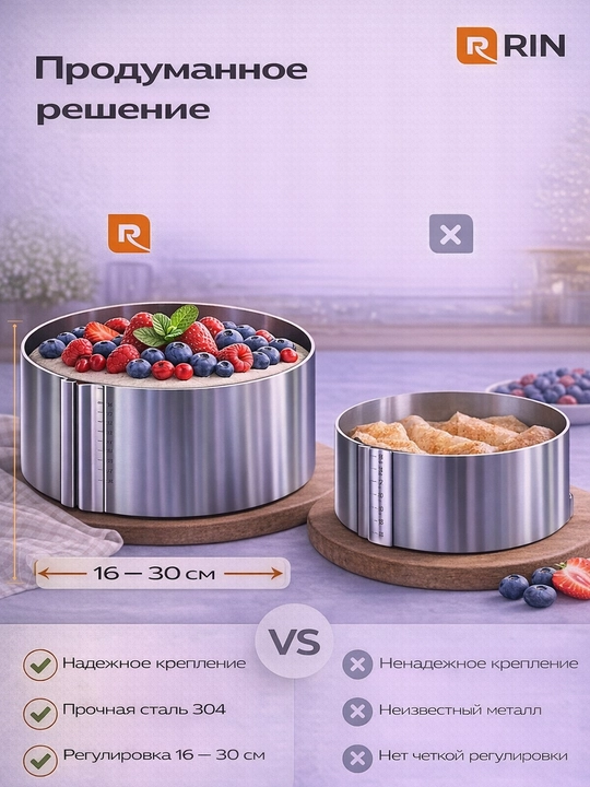 Раздвижное кольцо - форма для выпечки, форма круглая, для сборки торта, салата, 16-30 см