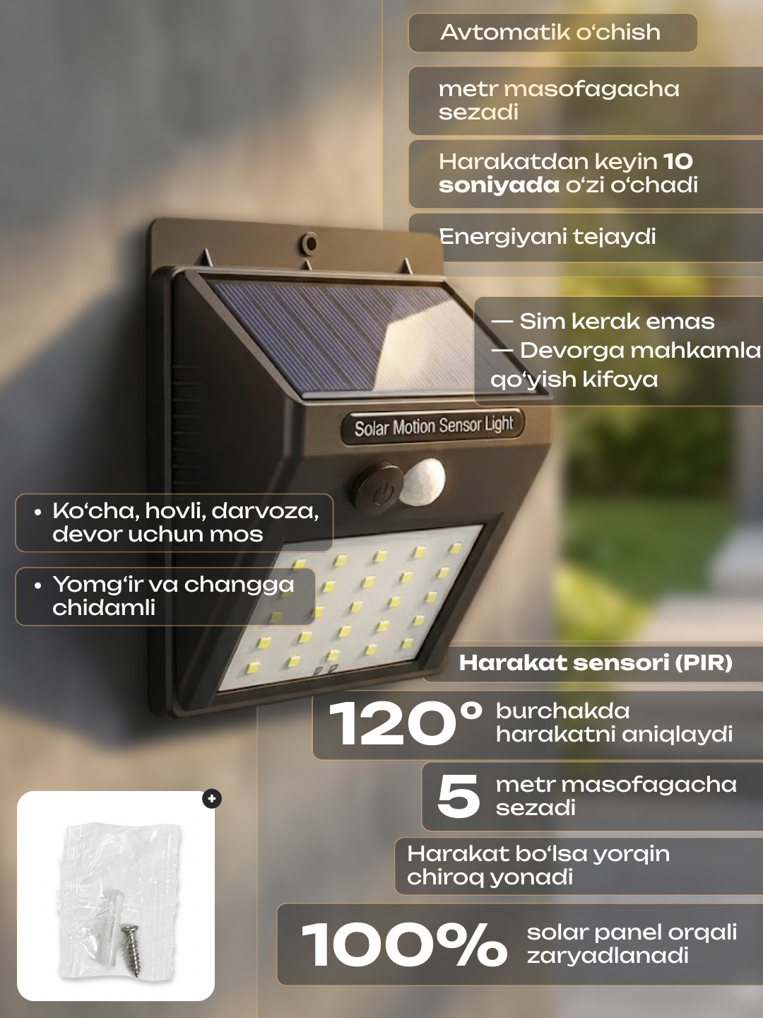 Quyosh energiyali devor chirog‘i PIR harakat sensori bilan, LED, avtomatik yoqilish