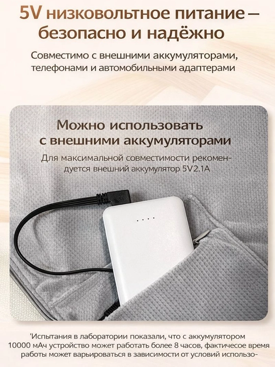 Теплый плед-пончо с USB электроподогревом 35-45-55°C, моющийся, пауэрбанк в комплекте
