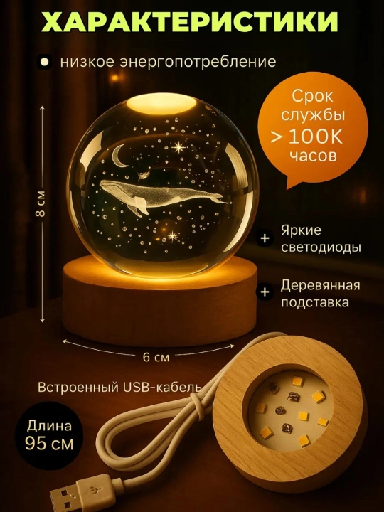 Хрустальный шар ночник 3D, антистресс, настольный светильник, лампа LED, для детей, 6 см