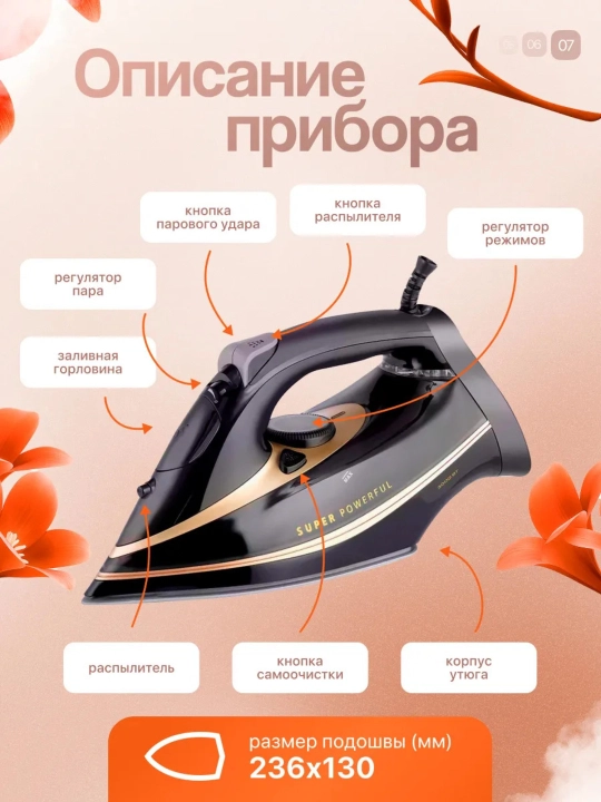 Kuchli bug'li dazmol, keramik qoplamali parli dazmol RAF HY, 2600 Vt