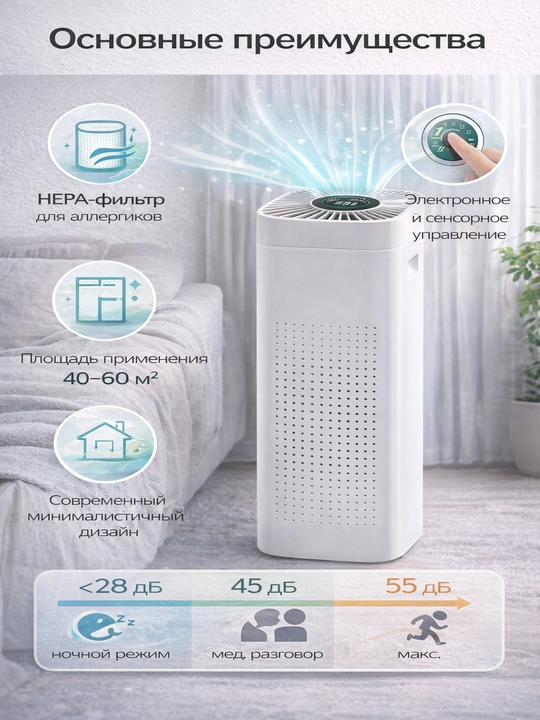 Очиститель воздуха HEPA PM2.5 | 40–60 м² | От пыли и аллергии | Тихий 35Вт