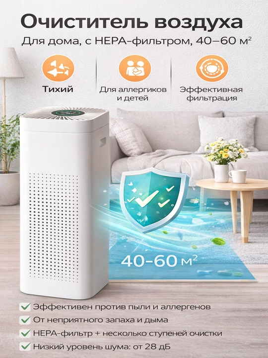 Очиститель воздуха HEPA PM2.5 | 40–60 м² | От пыли и аллергии | Тихий 35Вт
